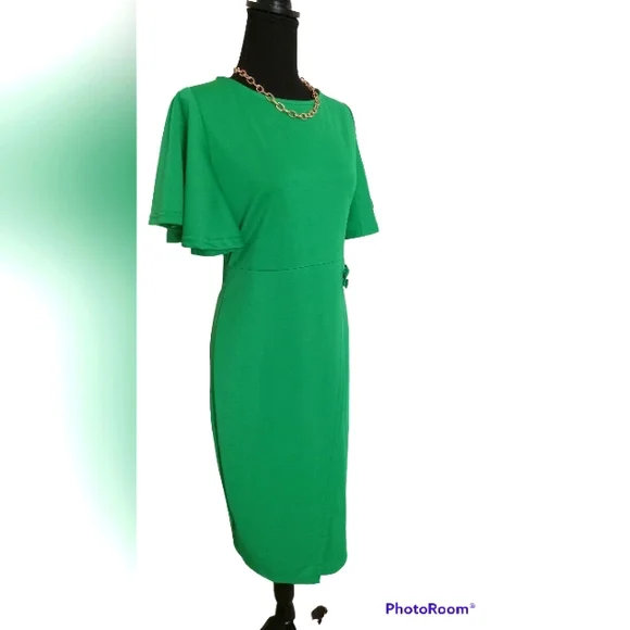 Midi Bodycon Green Metamorphosis Girl Ruffle Sleeve Dress Size LX. - Picture 5 of 10